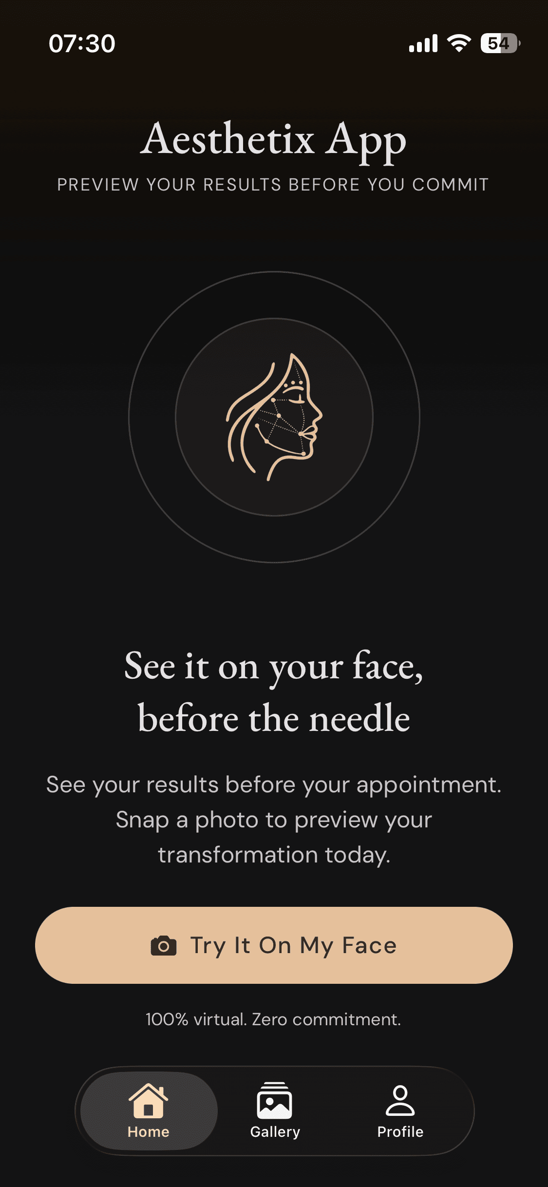 App screenshot: Capture / selfie screen (step 1)