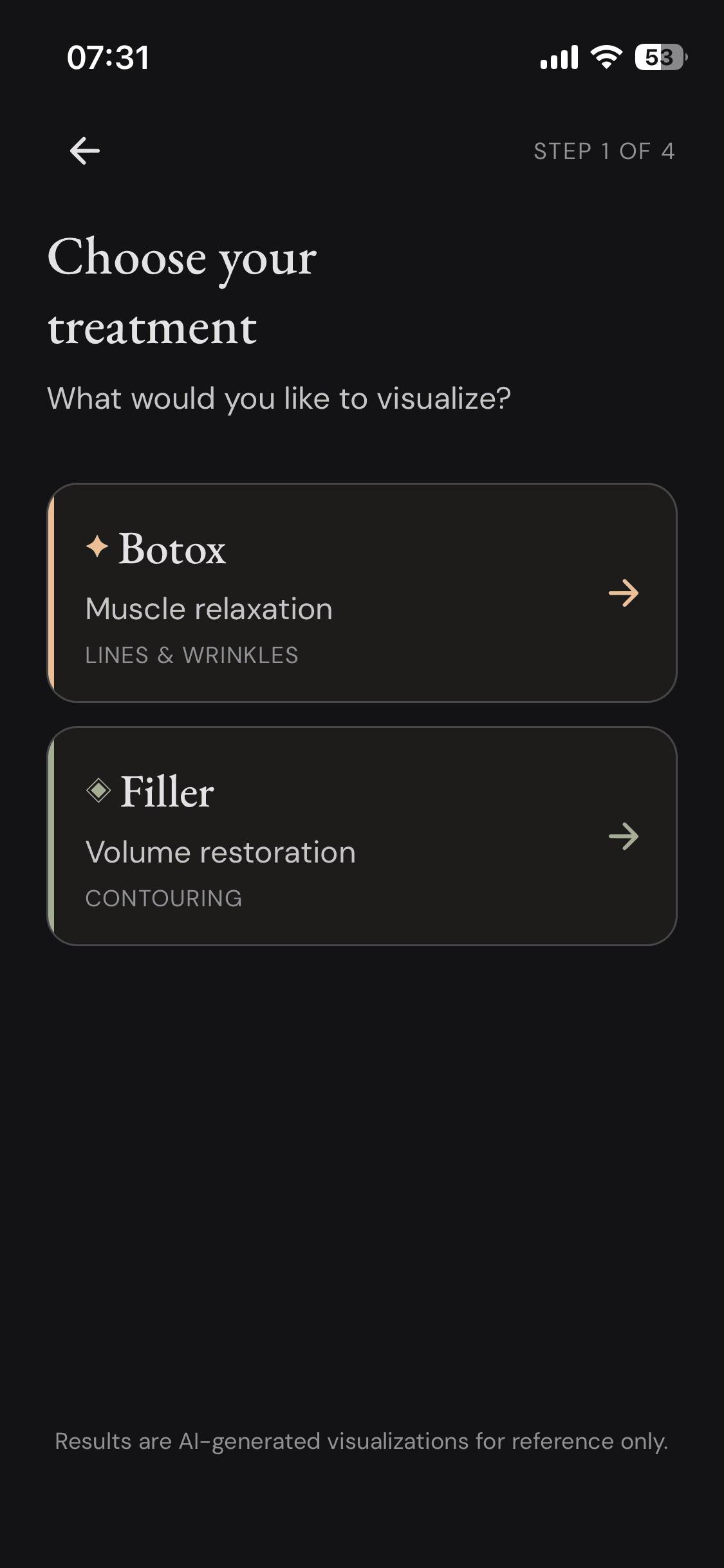 App screenshot: Zone / dosage selection screen (step 2)