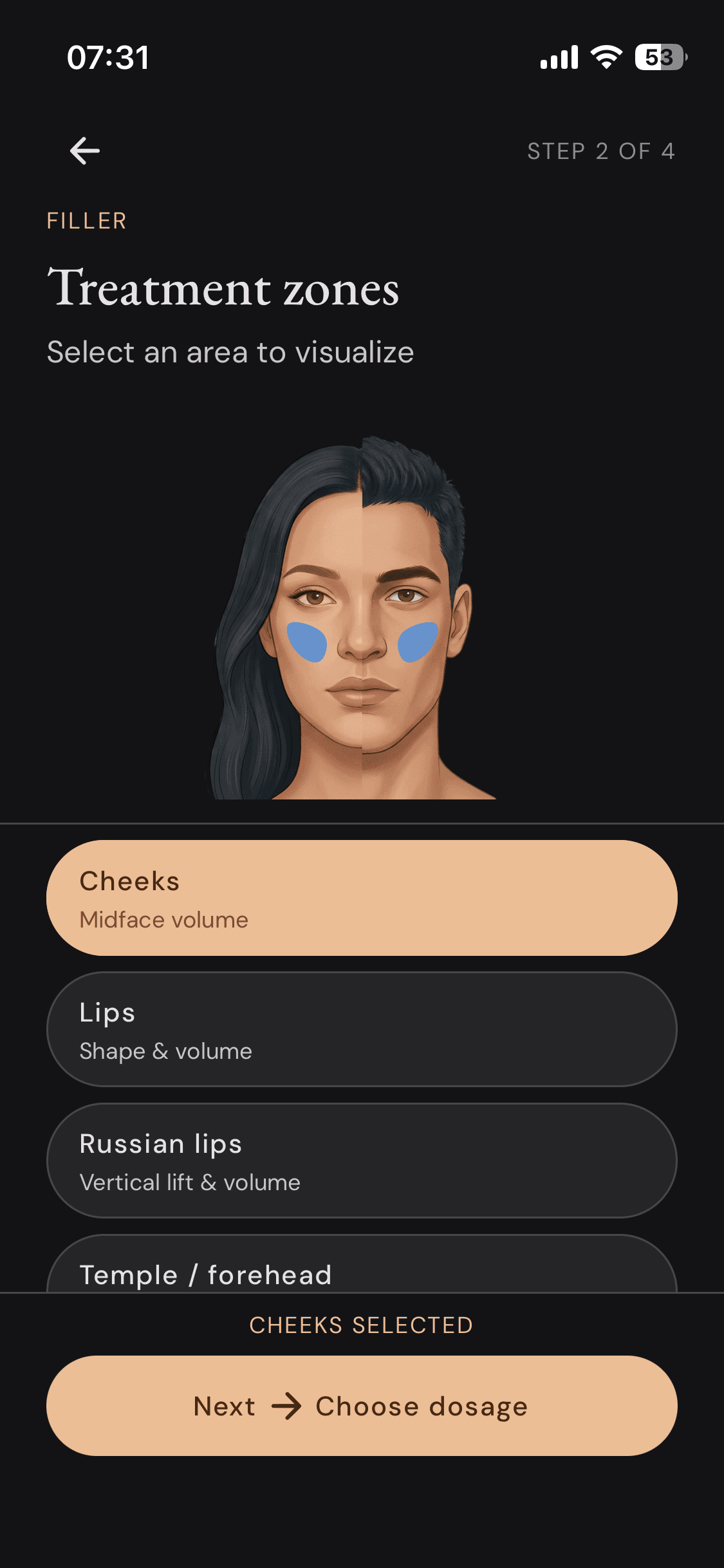 App screenshot: Zone selection screen (step 3)