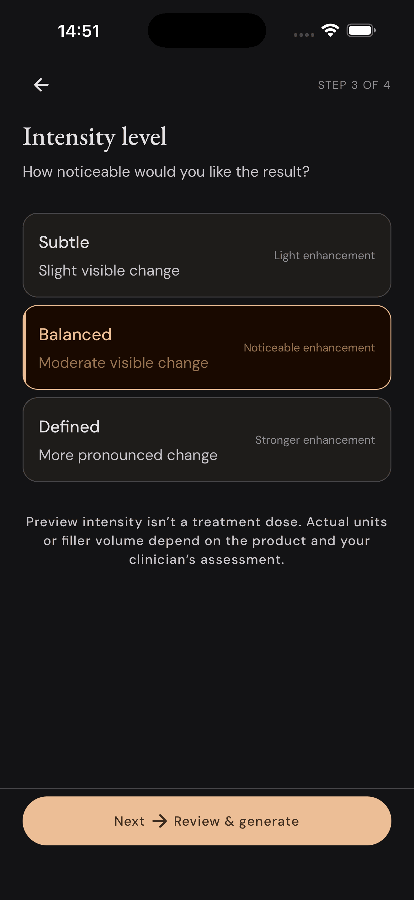 App screenshot: Dosage selection screen (step 4)