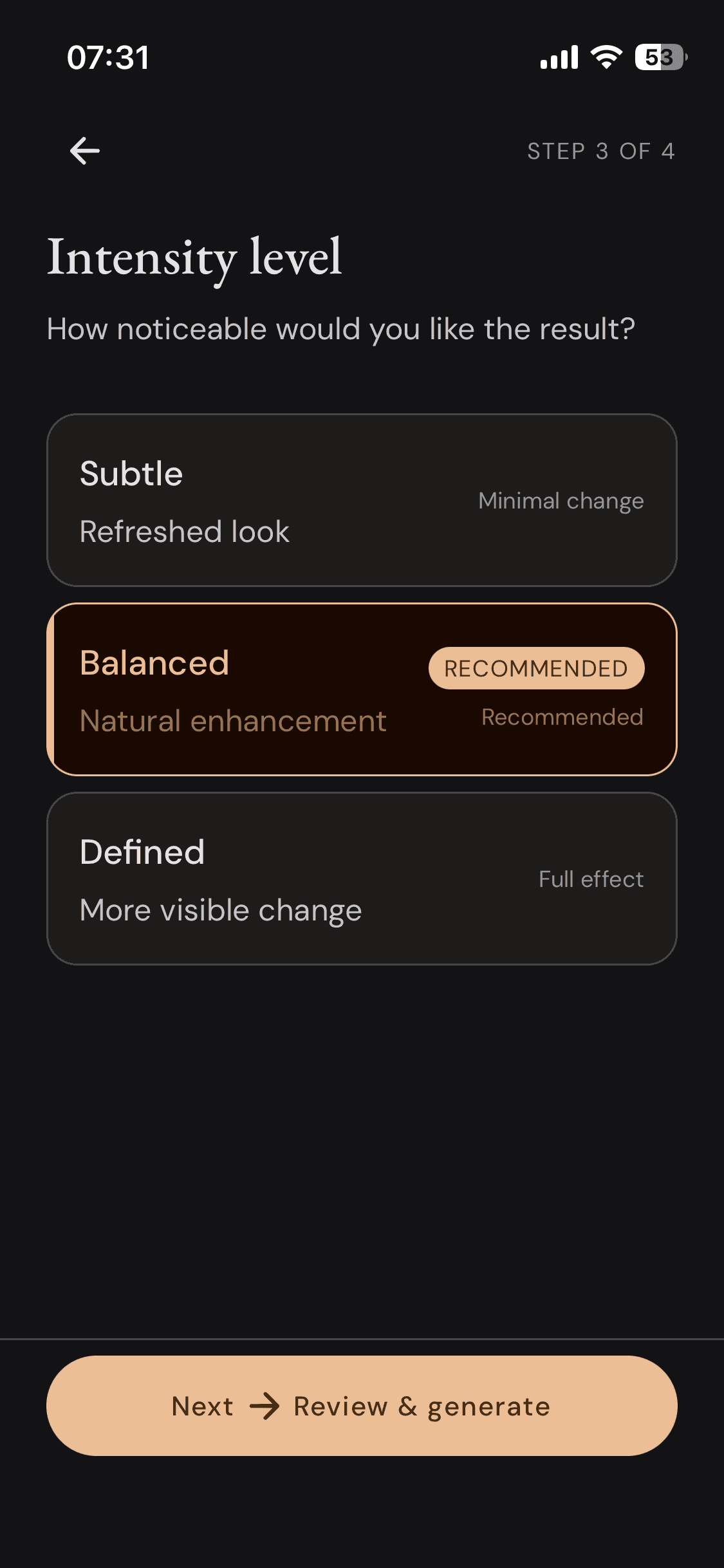 App screenshot: Dosage selection screen (step 4)