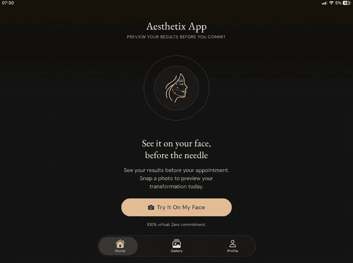 iPad mockup showing the Aesthetix app before/after result screen